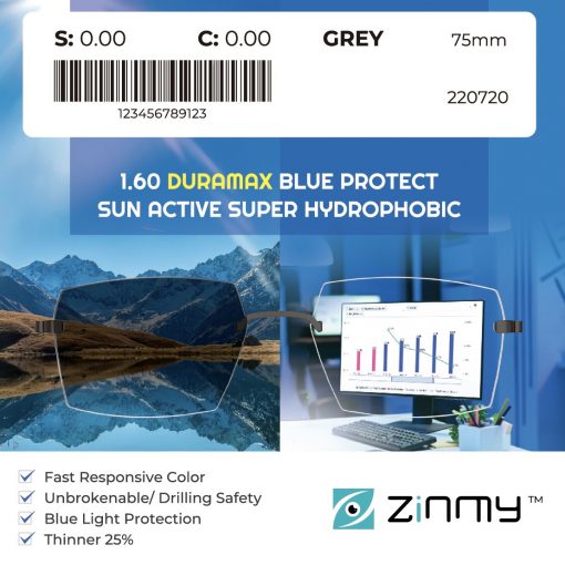 Tròng kính ĐỔI MÀU ZINMY BLUE SUN 1.60 DURAMAX LỌC ÁNH SÁNG XANH - XÁM KHÓI