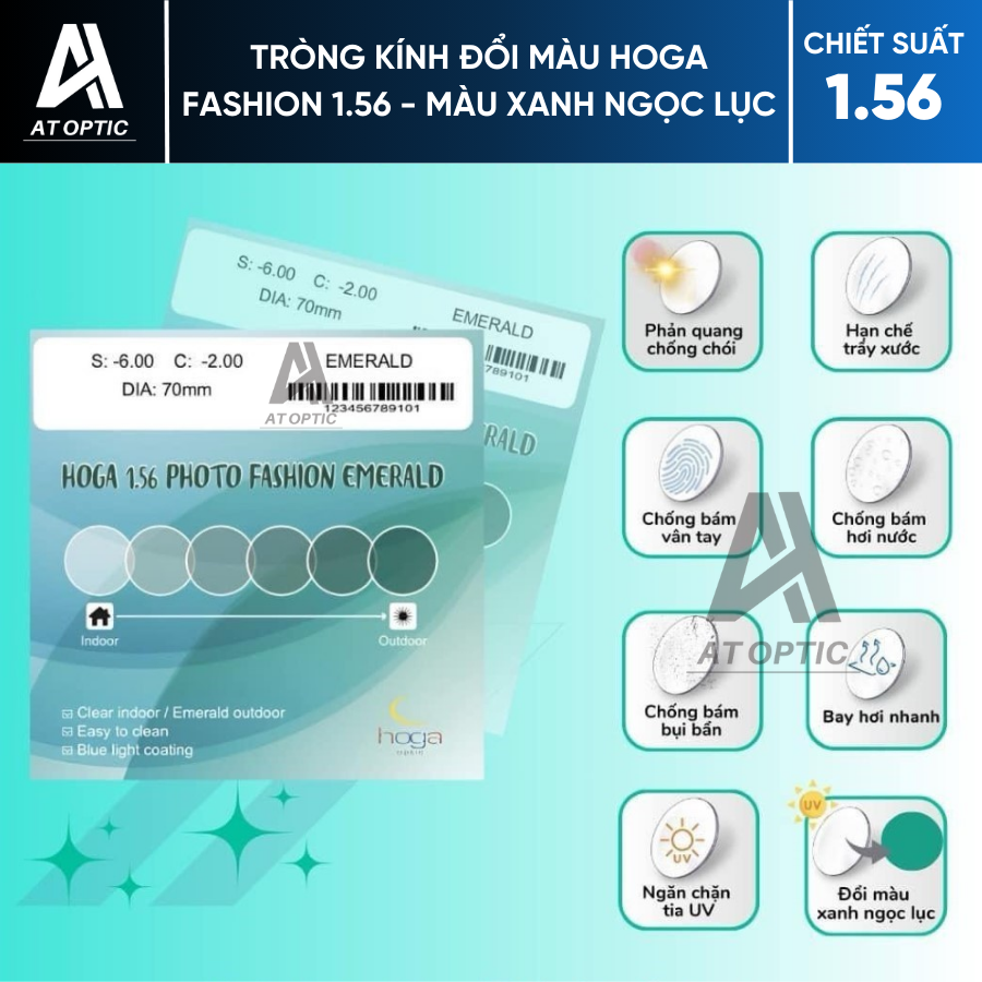 Tròng kính Đổi màu HOGA FASHION 1.56 - Màu Xanh Ngọc Lục