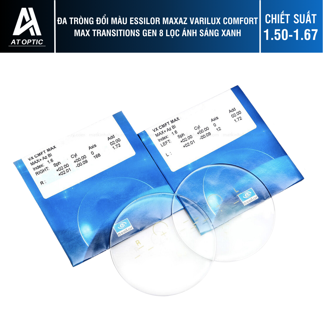 Đa tròng Đổi màu Essilor MaxAz Varilux Comfort Max Transitions Gen 8 Lọc ánh sáng xanh