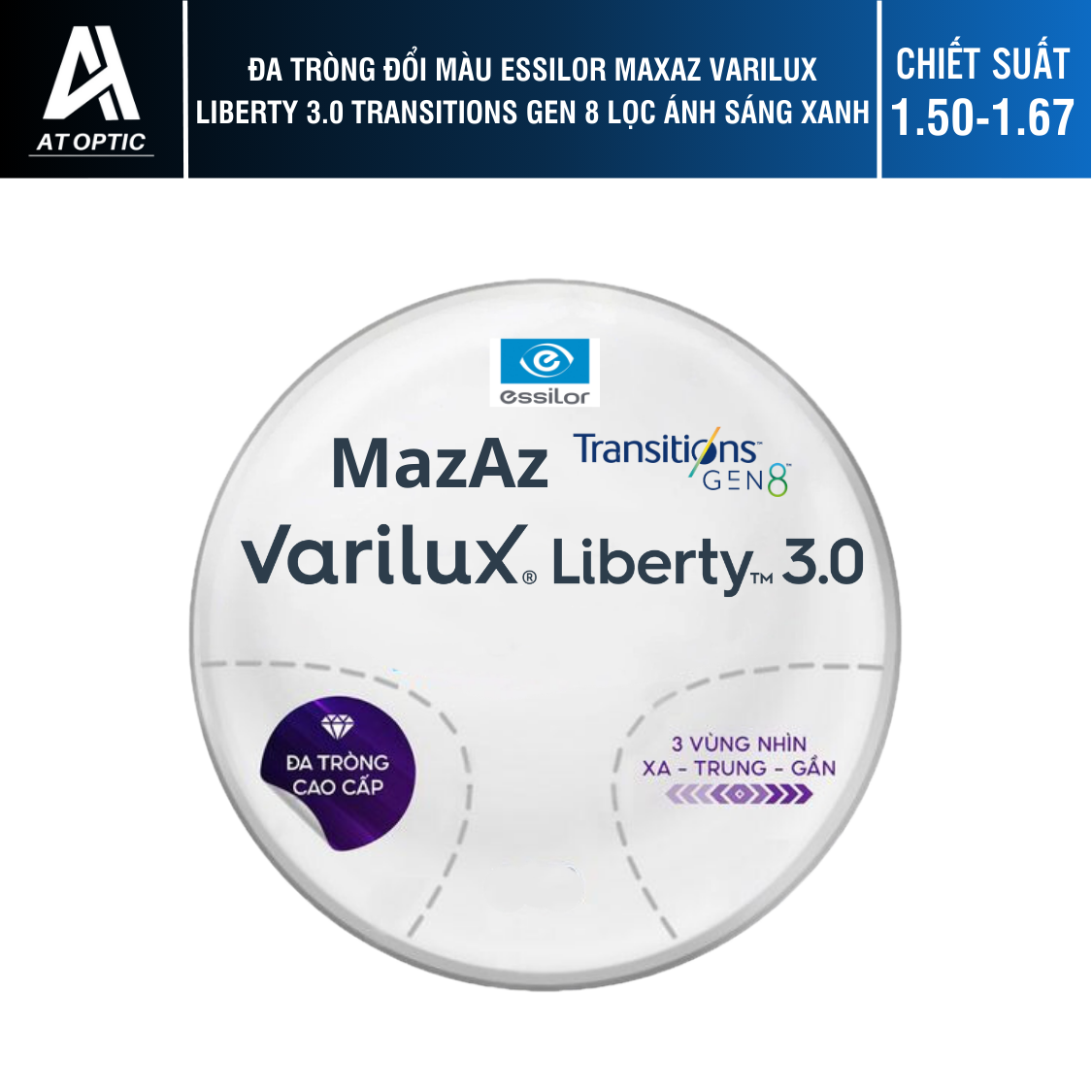 Đa tròng Đổi màu Essilor MaxAz Varilux Liberty 3.0 Transitions Gen 8 Lọc ánh sáng xanh