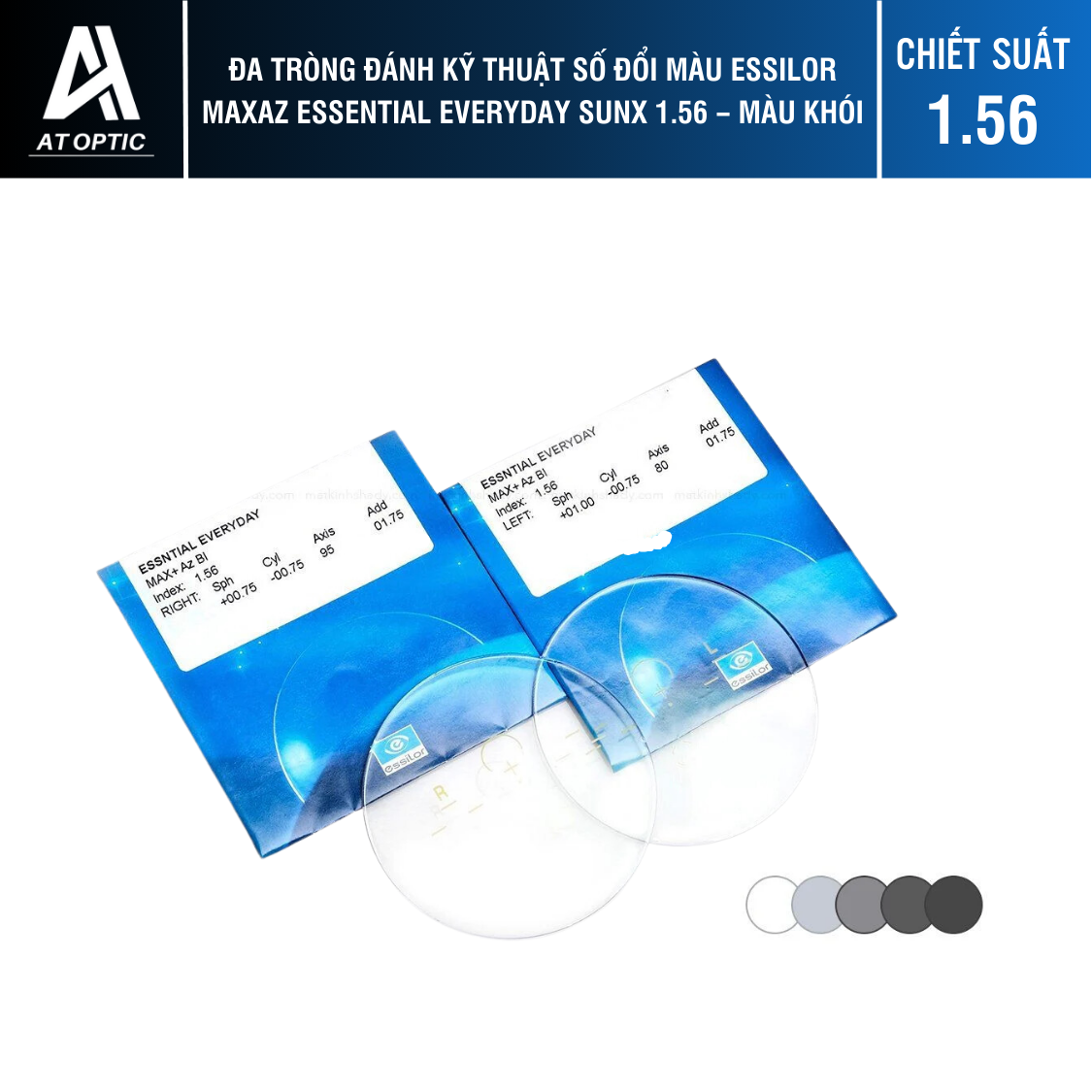 Đa Tròng Đánh kỹ thuật số Đổi màu Essilor MaxAz Essential Everyday SUNX 1.56 - màu Khói