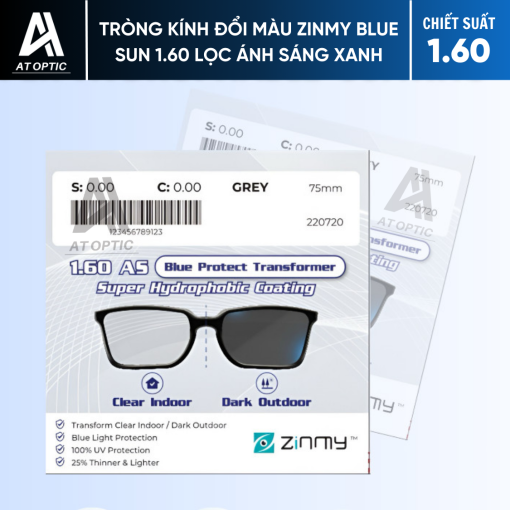 Tròng kính ĐỔI MÀU ZINMY BLUE SUN 1.60 LỌC ÁNH SÁNG XANH